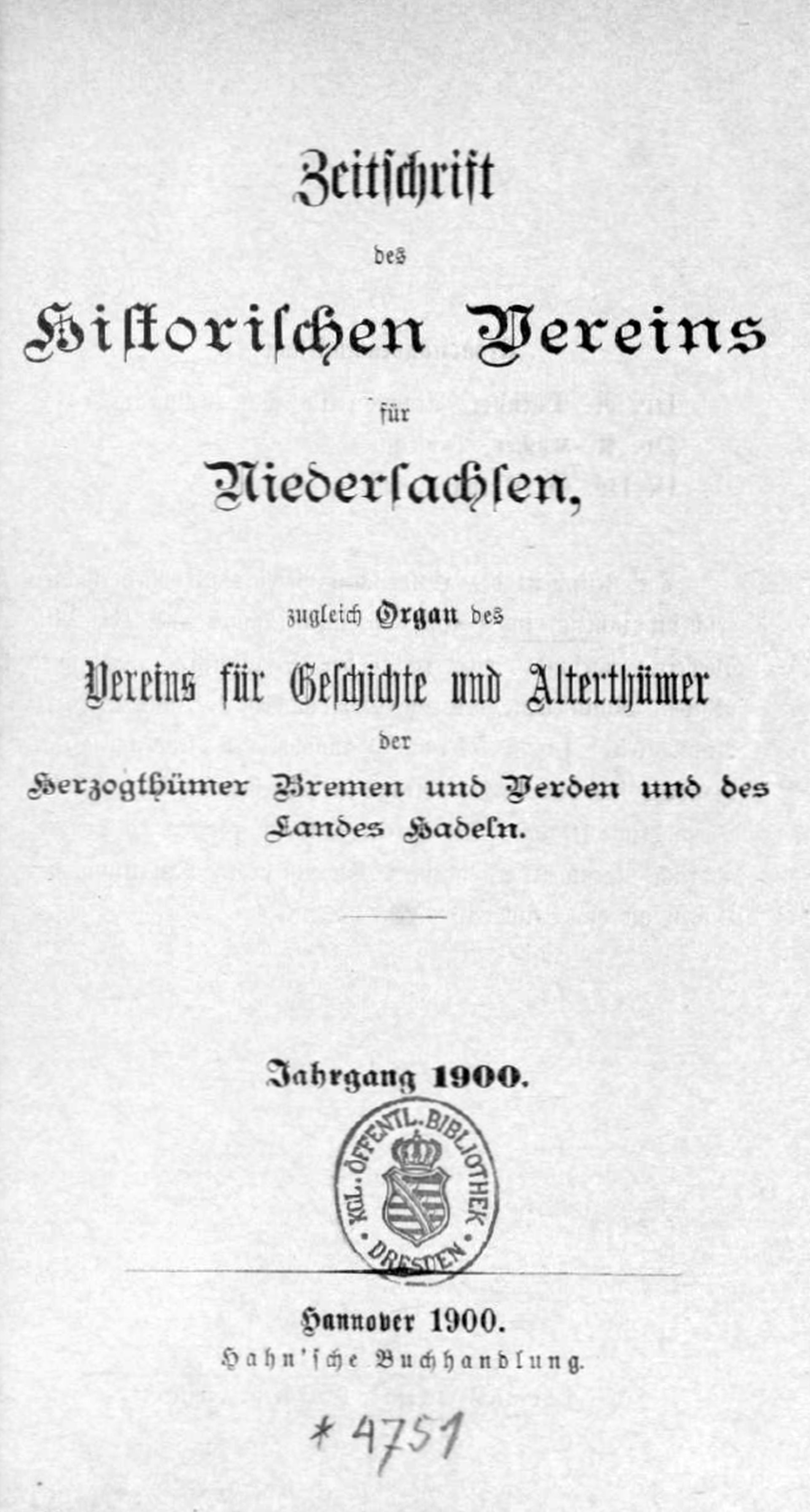 Titelseite der Zeitschrift des Historischen Vereins Niedersachsen, Jahrgang 1900